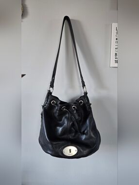 Fossil Black Leather Bucket Bag with Silver Accents